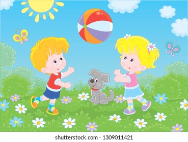 Little children playing a big colorful ball on a playground in a summer park, vector illustration in a cartoon style