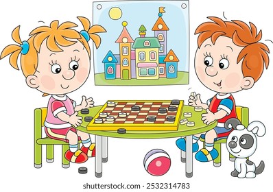 Little children playing checkers in a playroom of a kindergarten, vector cartoon illustration on a white background