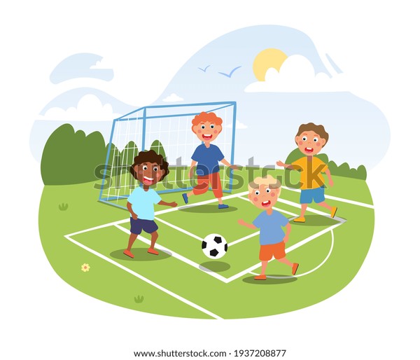 Little Children Playing Football Outside Happy Stock Vector (Royalty ...