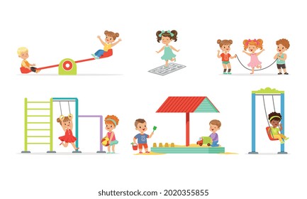 Little Children Playing and Having Fun at Playground Swinging on Seasaw and Sitting in Sandbox Vector Set