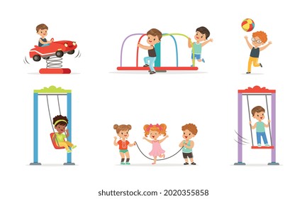 Little Children Playing and Having Fun at Playground Swinging and Jumping Rope Vector Set