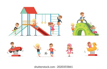 Little Children Playing and Having Fun at Playground Sliding and Playing Ball Vector Set