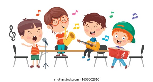 Little Children Playing Music At Classroom