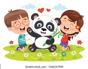 Little Children Playing With Panda