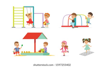 Little Children Playing at Playground Vector Illustrations Set. Careless Childhood Concept