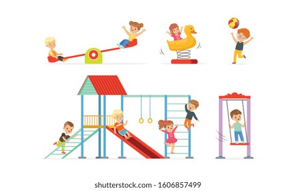 Little Children Playing at Playground Vector Illustrations Set. Careless Childhood Concept