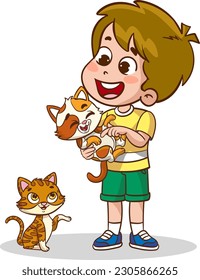 little children playing together with cute cat vector