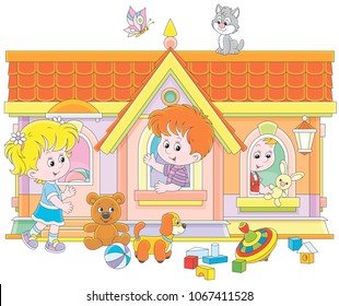 Little children playing in a toy house on a playground, vector illustration in a cartoon style