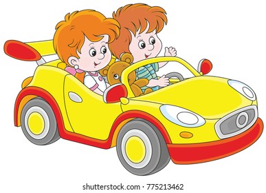 Little children playing in a toy sports car