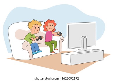 Little children playing videogames sitting at TV screen with gamepad controllers. Home living room interior. Kids gamers cartoon characters. Gaming entertainment and leisure. Vector illustration