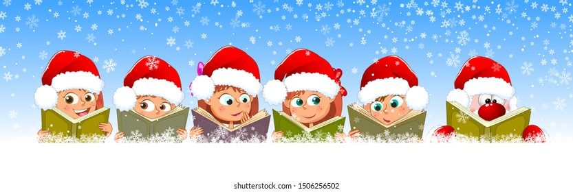 Little children read books. Children and Santa with books on a background of winter, on a background of snowflakes.                                                                   
                