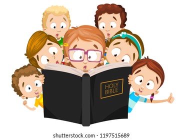 Little children reading holy bible. Cute girls and boys at christian camp. Faithful children looking in big bible book. Word of god knowledge. Spirituality and religion education vector illustration