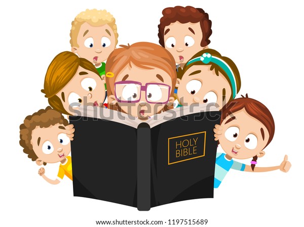 Маленькие дети читают Святую Библию. Симпатичные девочки и мальчики в христианском лагере. Верные дети смотрят в большую библию книгу. Слово Божье знание. Иллюстрация вектора духовности и религиозного образования
