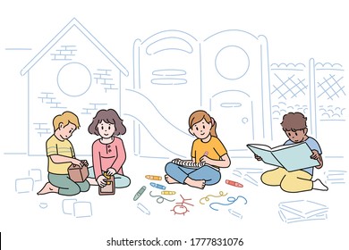 Little children are reading pictures and books in kindergarten and playing with friends. hand drawn style vector design illustrations. 