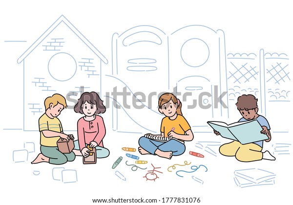 Little Children Reading Pictures Books Kindergarten Stock Vector ...