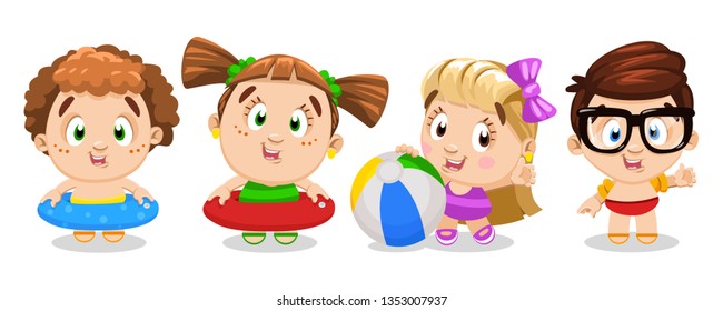 Little children are ready to go to a pool. Girls and boys laughing, waving hands, stand in line with swimming outfits: inflatable rings, ball. Concept of swim lessons, class. Cartoon vector clipart.