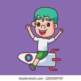 little children riding a rocket cartoon illustration