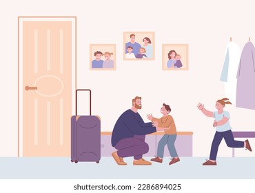 Little children run to hug and father or grandfather. Come back to home, dad and happy kids in flat. Traveller, family vector cozy scene