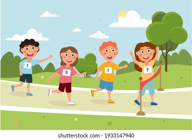 Little children are running outside in the park. Little happy girl celebrating her first win in running. Kids are participating in run together. Flat cartoon vector illustration