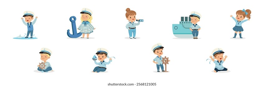 Little Children Sailor in Striped Shirt and Cap Vector Set