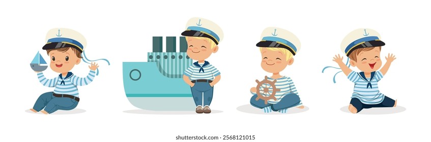 Little Children Sailor in Striped Shirt and Cap Vector Set