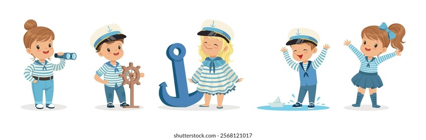 Little Children Sailor in Striped Shirt and Cap Vector Set