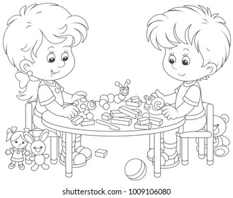 Little children sculpturing figurines of funny animals from plasticine, a black and white vector illustration in cartoon style