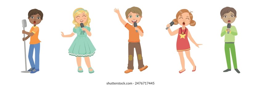 Little Children Singing with Microphone Performing on Stage Vector Set