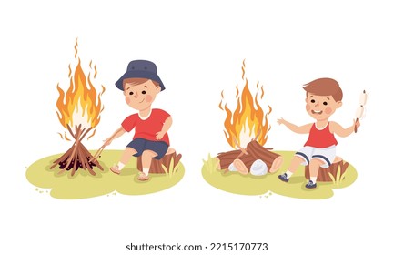 Little children sitting at bonfire set. Cute boy roasting marshmallows cartoon vector illustration