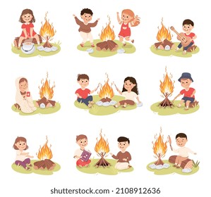 Little Children Sitting Near Campfire Playing Guitar and Frying Sausage Vector Set