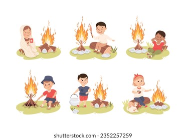 Little Children Sitting Near Campfire Drinking and Frying Sausage Vector Set