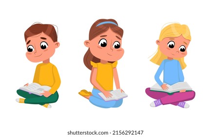 Little children sitting on floor and reading books set cartoon vector illustration