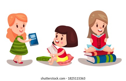 Little Children Sitting and Standing Reading Book Vector Illustration Set