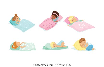 Little Children Sleeping Covered with Blanket Vector Set