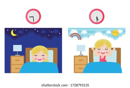 Little children sleeping on tonight dreams, good night and sweet dreams. he wake up in the morning. Kid Sleeping And Waking Up Vector Illustration on background