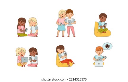 Little Children with Smartphone and Tablet pc Playing and Surfing Internet Vector Set