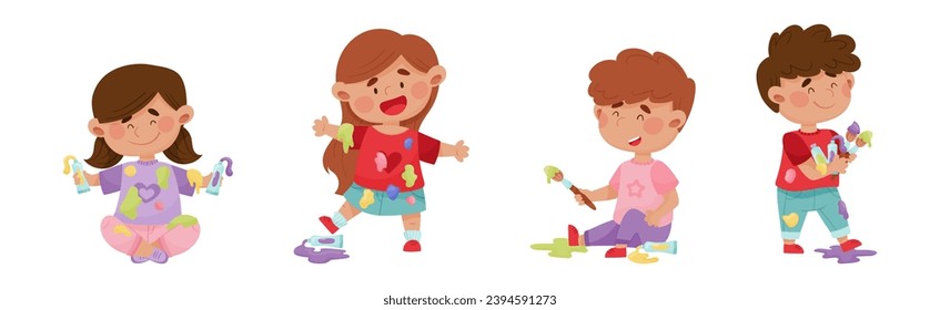 Little Children Smeared in Paints Holding Artist Brush Vector Set