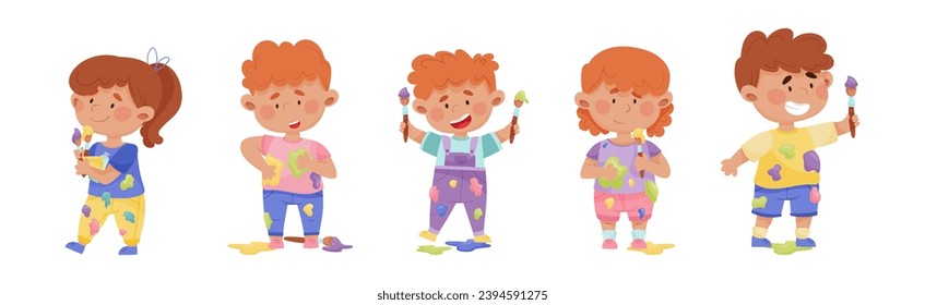 Little Children Smeared in Paints Holding Artist Brush Vector Set