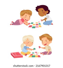 Little children solving puzzle together. Education and development concept cartoon vector illustration