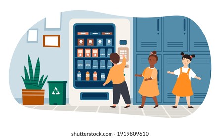 Little children standing in queue at vending machine. Group of kids choose junk food or sweets. Children are buying snacks in kindergarden. Flat cartoon vector illustration