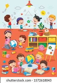 Little Children Studying And Playing At Preschool Classroom