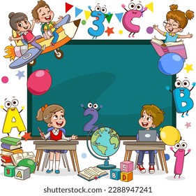 Little Children Studying And Playing At Preschool Classroom vector.A cartoon of kids with a blackboard that says your text here.
