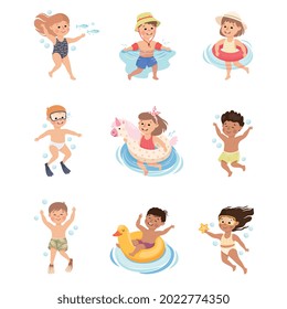 Little Children Swimming with Rubber Ring and Flippers in Water Vector Set