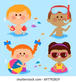 Little children swimming at the sea. Vector illustration.