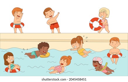 Niños pequeños nadando y salpicando en el agua con vectores de anillo de caucho Ilustración