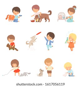 Little Children Taking Care of Domestic Animals and Playing with Them Vector Set