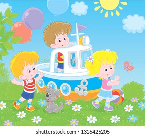 Little children and their puppy playing on a toy ship on a playground in a summer park, vector illustration in a cartoon style