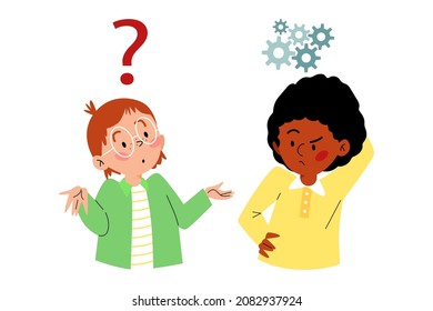 Little children thinking and asking questions, flat vector illustration isolated on white background. Kids studying and solving tasks, searching answers on questions.