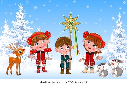 Little children in Ukrainian folk costumes caroling on Christmas Eve.