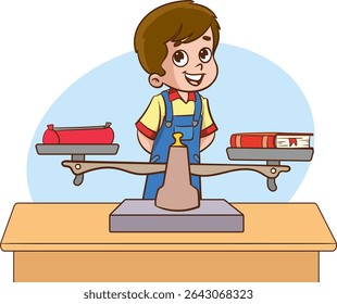 little children uses scales to measure the weight of different objects